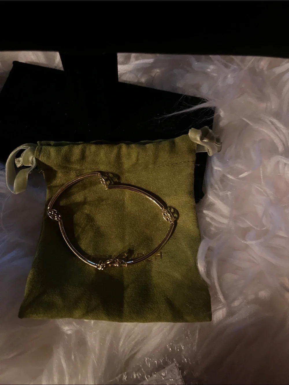 Gold-Tone Logo Bangle with Olive Drawstring Pouch